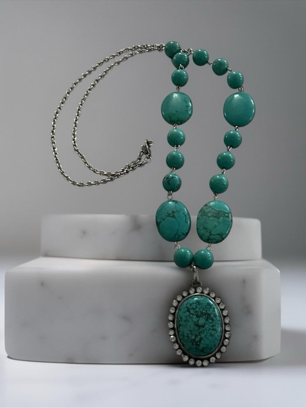 Turquoise Beaded Pendant Necklace - Green Turquoise Statement Jewelry